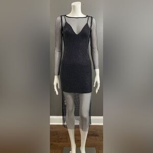 House of Harlow 1960 2pc set Black Mesh Rhinestone Maxi w/Blk mini Dress SZ XXS